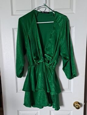 Zara Green Satin V-Neck Tiered Dress